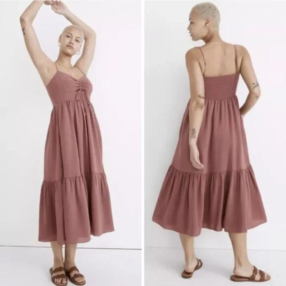 NEW Madewell Ruched Keyhole Tiered‎ Midi Dress, Vintage Quartz, 12